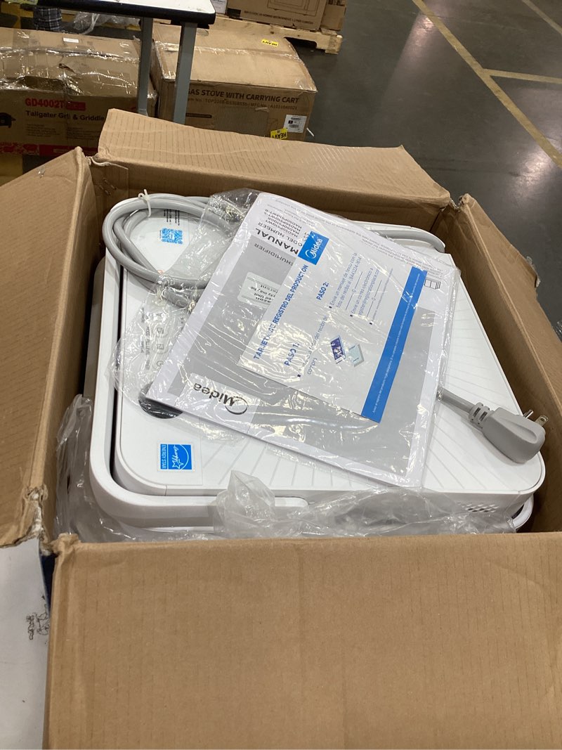 Condition photo showing As Is for midea cube 50 pint dehumidifier for basement and rooms at home for up to 4,500 sq. ft., smart control, compatible with alexa (white), drain hose included