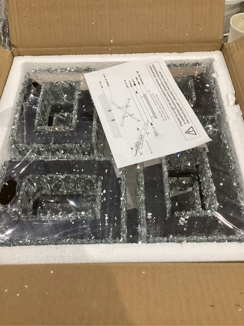 Condition photo showing New/Like New for 13.1''Square Crystal Chandelier Modern Crystal Ceiling Light Flush Mount Ceiling Lamps for Dining Room Living Room Bedroom Hallway (Warm)