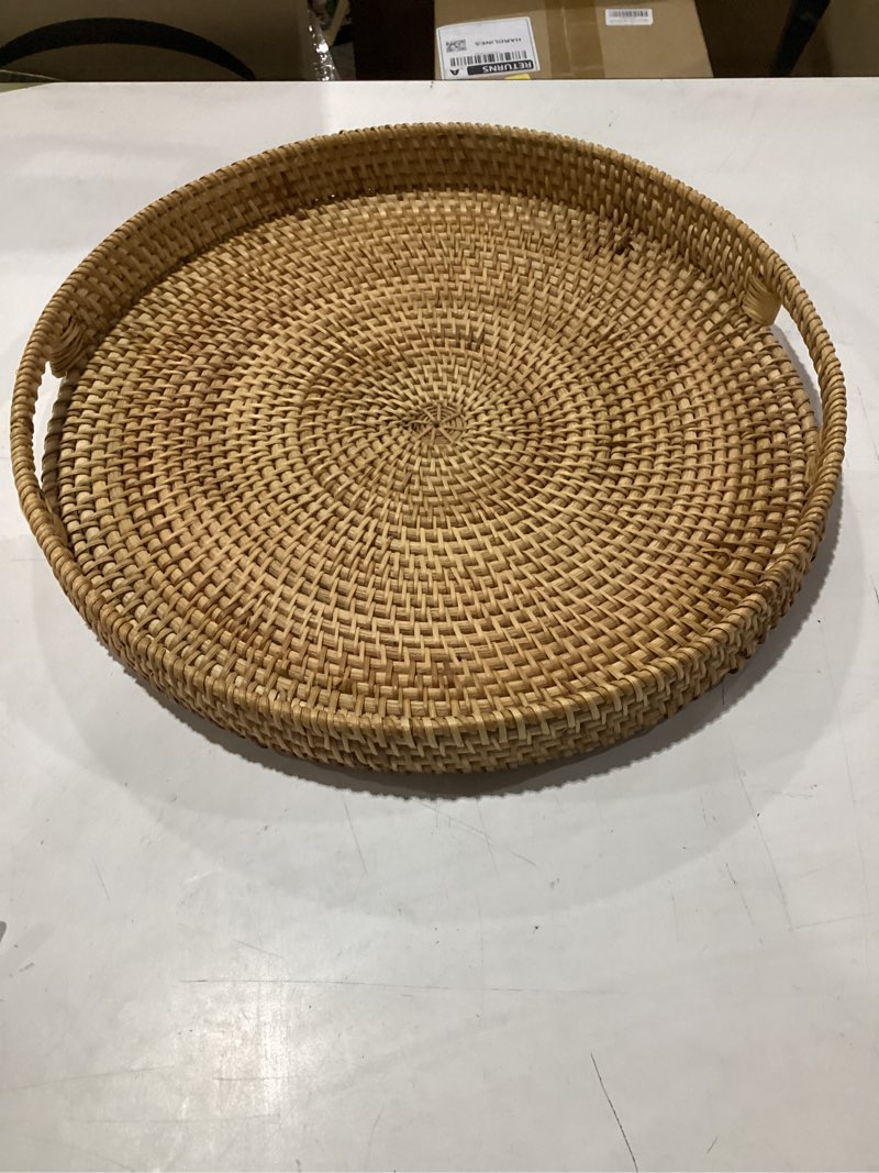 Condition photo showing Good Condition for rattan large serving tray, wicker round fruit/bread serving basket, extra large decorative ottoman tray for living room, coffee table, breakfast, 16.9 inch 16.9" natural 1