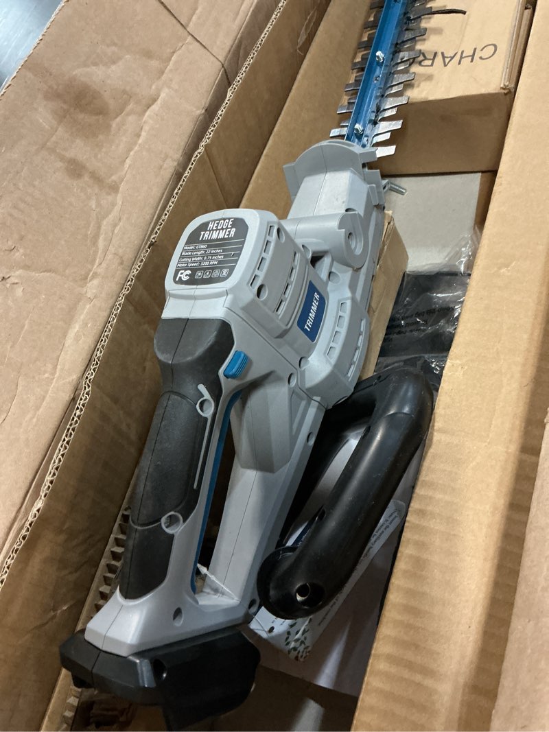 Condition photo showing As Is for ( color blue ) hedge trimmer cordless 22\" - 2 x 21v batteries & fast charger, easy to use