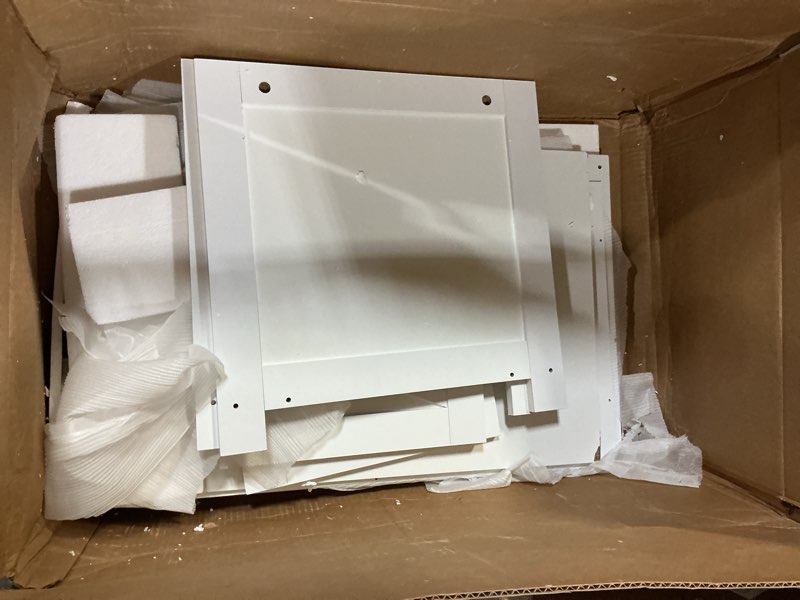 Condition photo showing As Is for (Incomplete)Homhedy Cat Litter Box Enclosure, Wooden Cat Washroom Furniture with Barn Door, Pet House, Fit Most of Litter Box, White