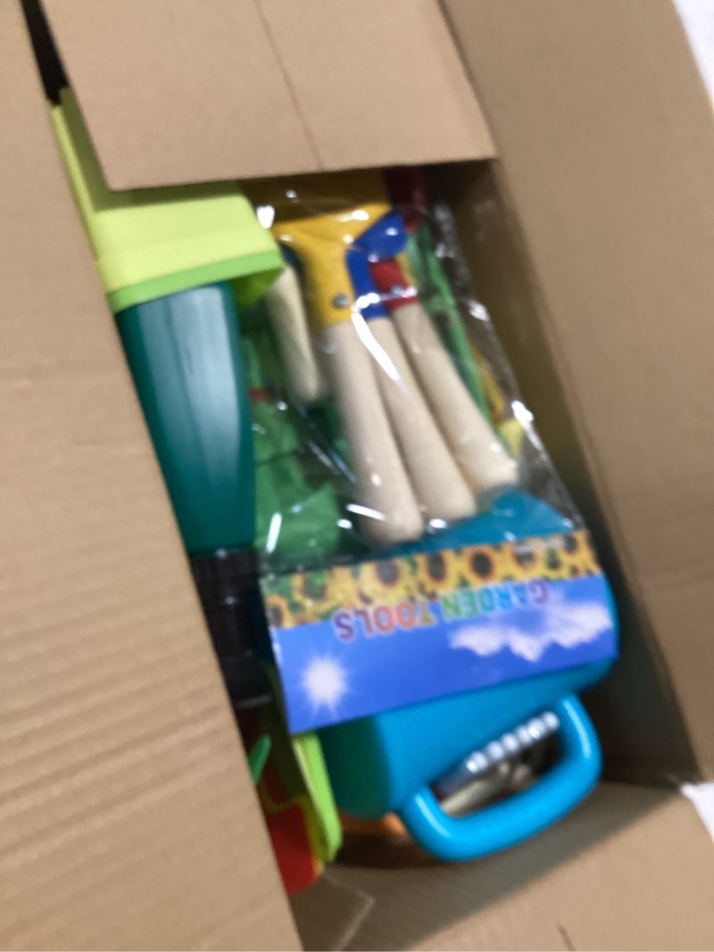 Condition photo showing Good Condition for kids gardening tools, toddler gardening set for kids includes rake, shovel, trowel, apron gloves watering can and tote bag, spray bottle, kids garden tools best outdoor toys gift for boys and girls