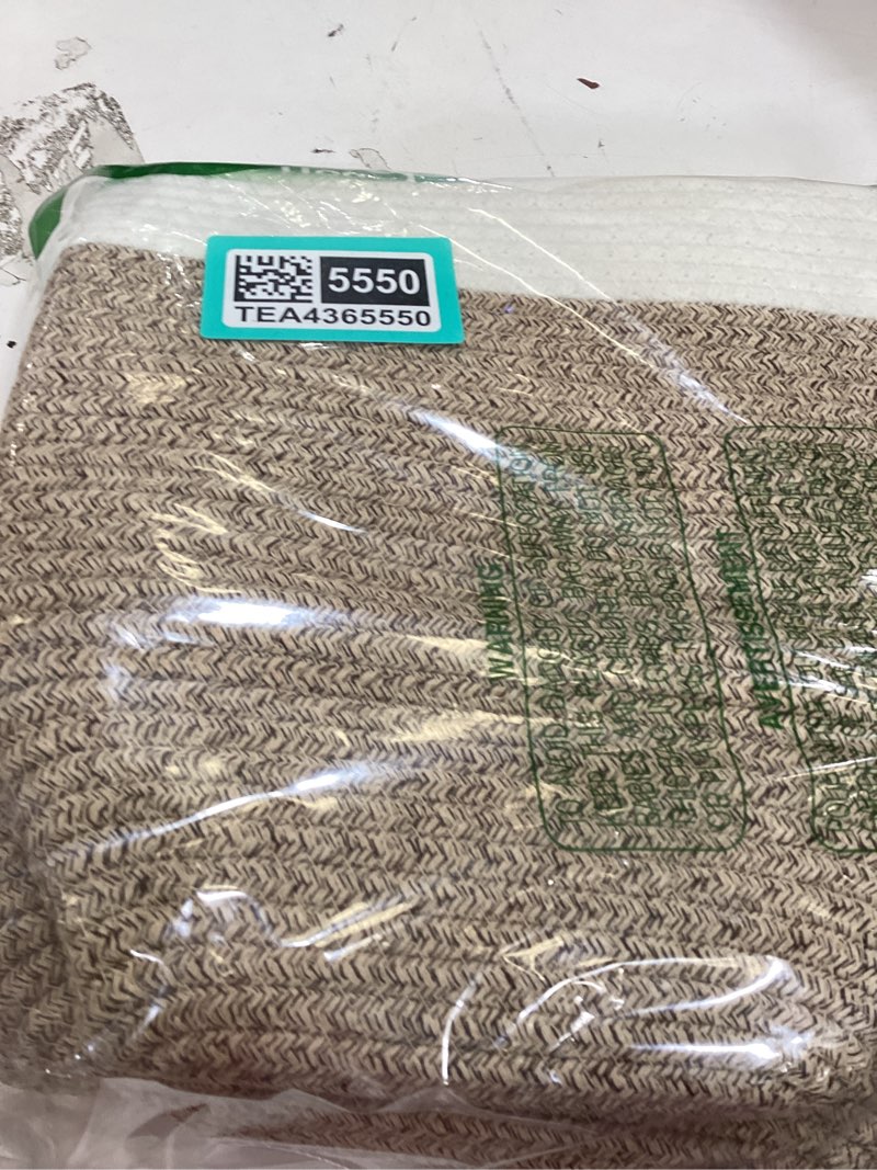 Condition photo showing Good Condition for 2 pack storage baskets for organizing, woven baskets for shelves - perfect for toys, books, towels, and clothes, durable gift basket bins toy storage, 12.7''lx9''wx7.8''h, brown & white brown & white small/12.7''lx9''wx7.8''h