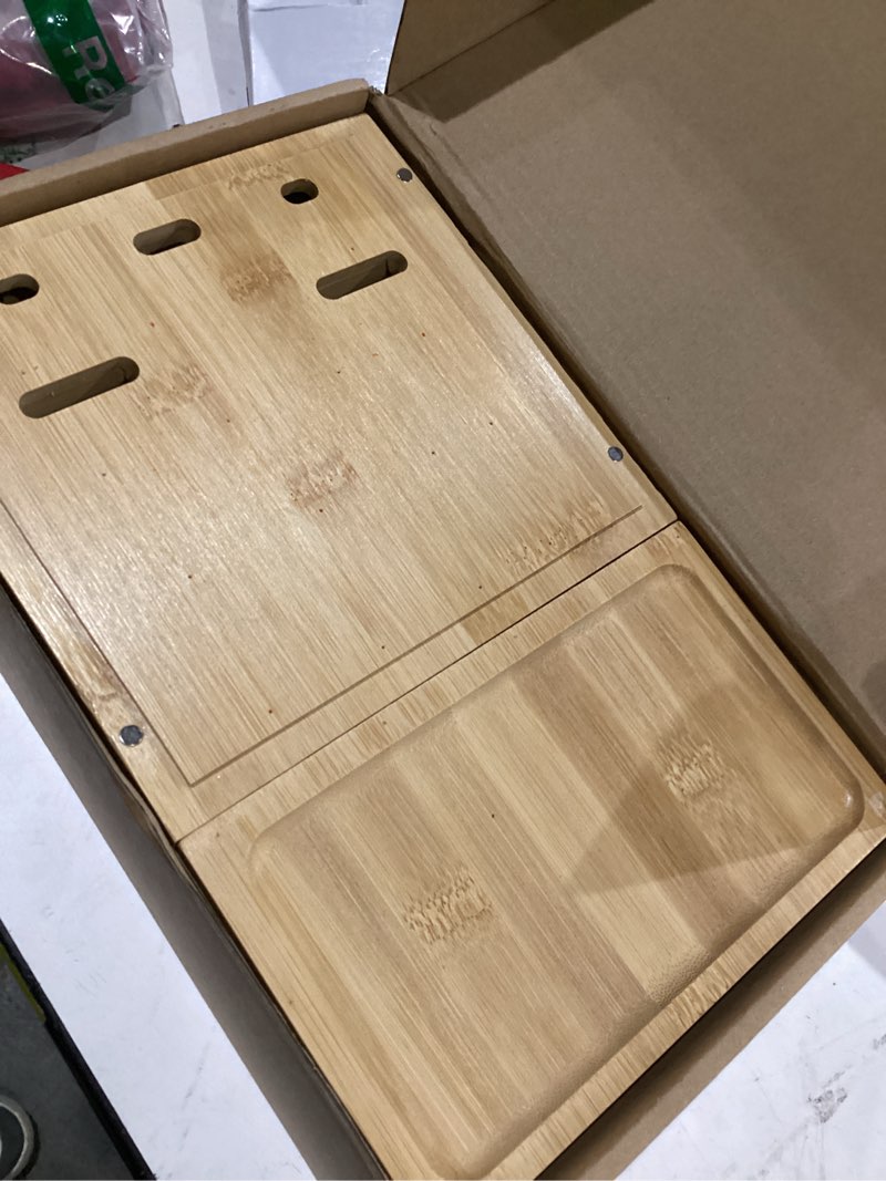 Condition photo showing As Is for bamboo charging station for multiple devices, desktop wood charger organizer with drawer & tray -included 6 cables, compatible with multi devices, cell phone, tablet, earphones (no usb charger)