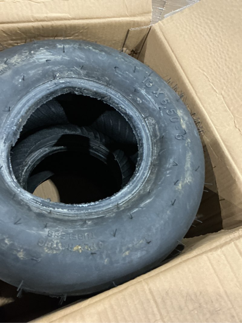 Condition photo showing As Is for (2 pack) 13x6.50-6 tubeless lawn mower tires, 13x6.50-6 riding lawnmower straight rib tread, 4 ply
