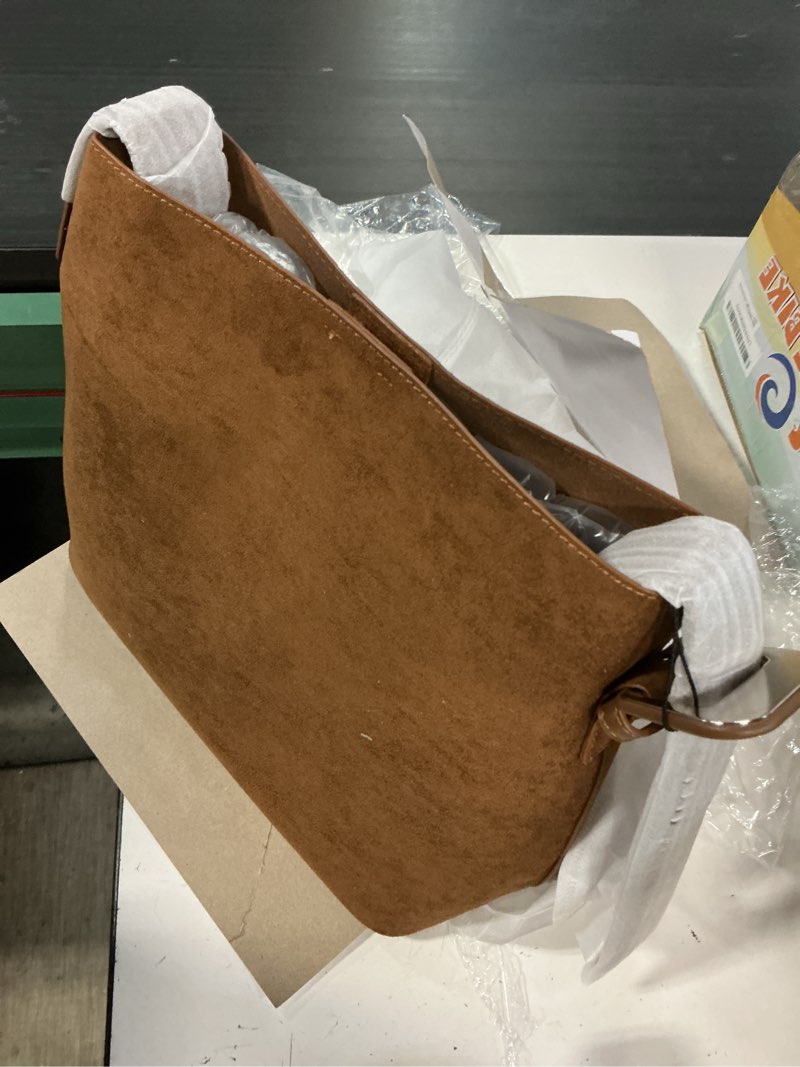 Condition photo showing Good Condition for bostanten suede bucket bag for women ladies shoulder purse with adjustable strap handbag with inner pouch for work travel suede brown