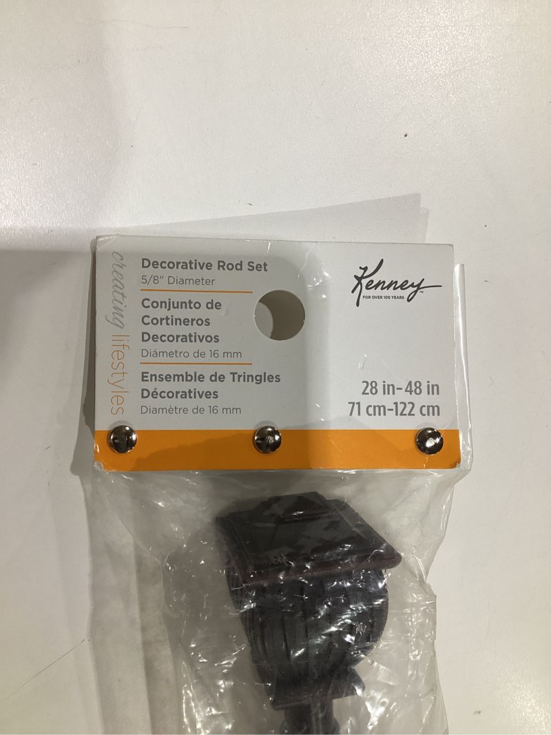 Condition photo showing As Is for Kenney KN71712 Beckett Soft Square End Standard Decorative Window Curtain Rod, 28-48\" Adjustable Length, Weathered Brown Finish, 5/8\" Diameter Steel Tube, 1-Pack 1-Pack 28-48\" Weathered Brown, SIMILAR TO STOCK PHOTOS, MISSING PARTS