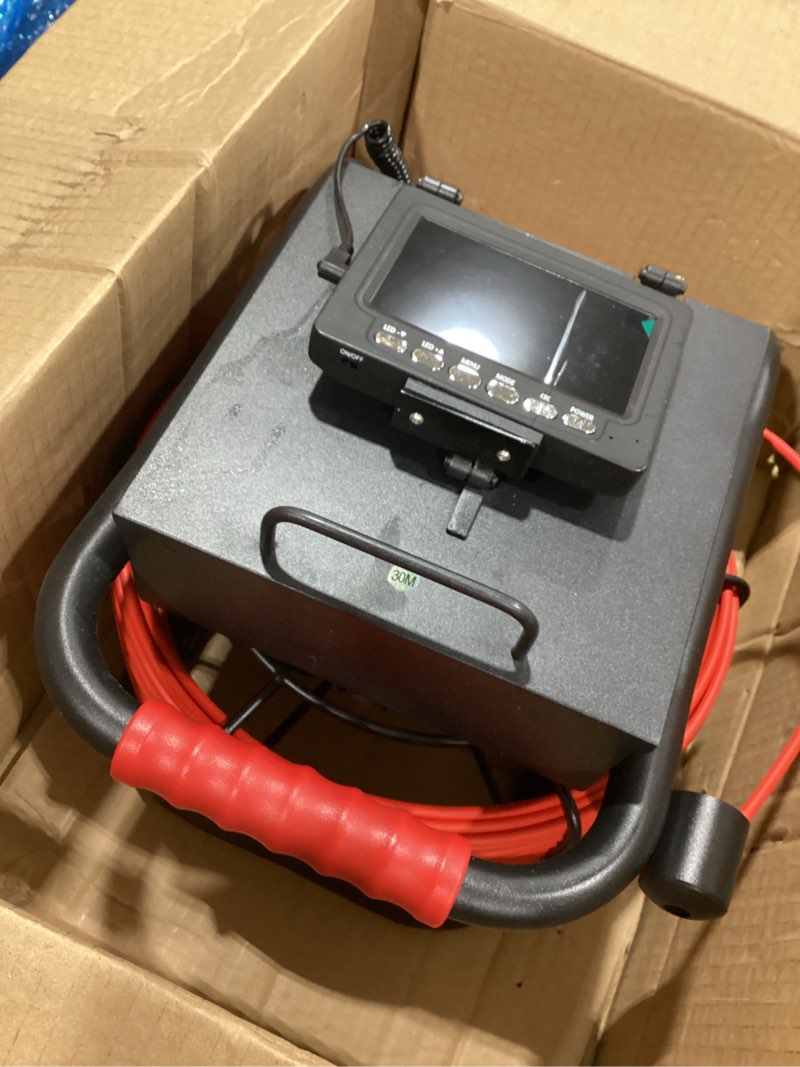 Condition photo showing As Is for 7” sewer camera, hd 1080p w/dvr-32gb, [new 1s twist-to-unlock system] plumbing snake pipe inspection camera, [thicker cable reel] drain camera, 5000mah, [360°+180° rotate] 100ft/30m