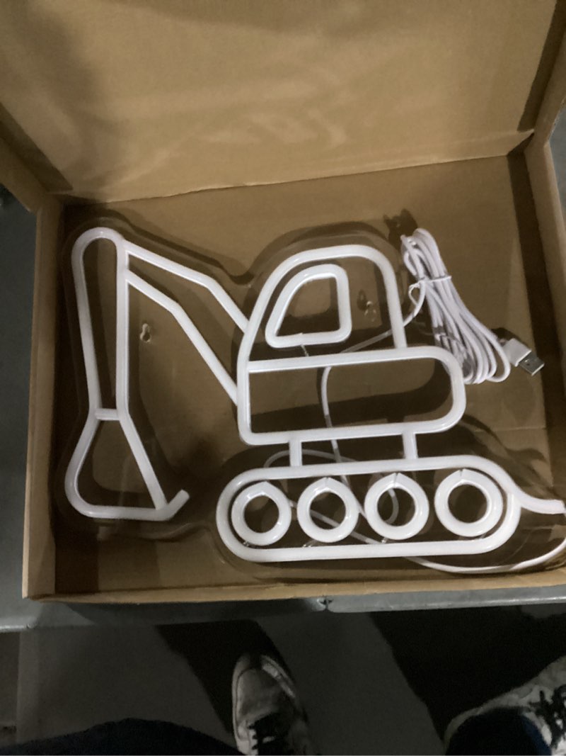 Condition photo showing As Is for Riakrum Excavator Neon Sign for Wall Decor Construction Night Light Lamp for Boys Room Yellow LED USB Powered Acrylic Construction Vehicle Room Decor for Boys Kids Bedroom Birthday Decorations