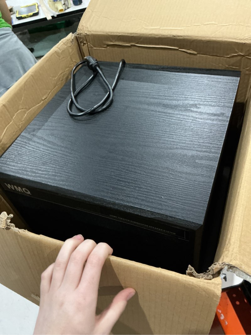 Condition photo showing As Is for 8" active home theater subwoofer, featuring sub and rca input interfaces, 200w rms, medium-density fiberboard cabinet with heat sink, adjustable crossover frequency range from 60-180 hz black 8-inch subwoofer