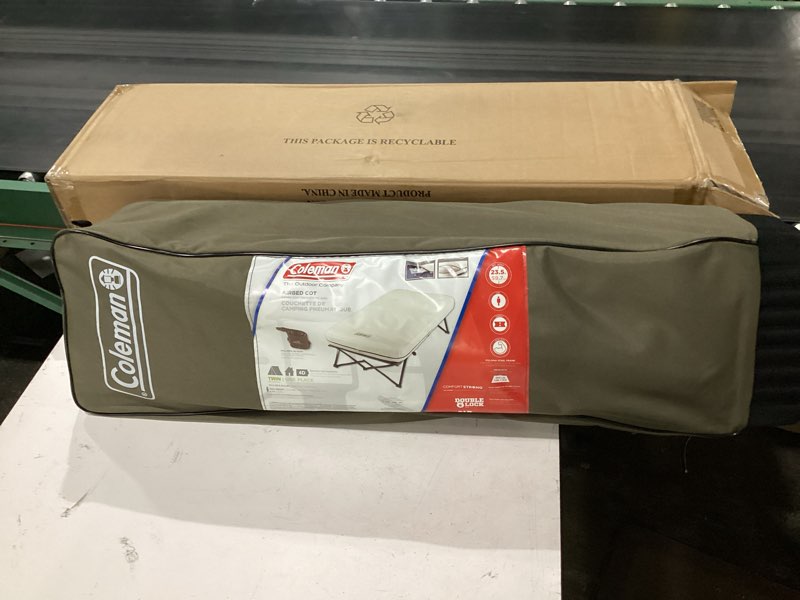 Condition photo showing New/Like New for coleman queen-size airbed cot combination, folding air mattress with steel frame & side table, battery pump included, great for camping, lounging, elevated sleeping, guests, & more cot twin