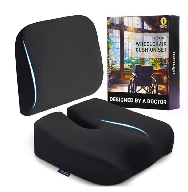 elmara doctor-designed wheelchair seat cushion set – the ultimate comfort solution – thick wheelchair cushions relieve back & sciatica pain – wheel chair cushions for seniors, wheelchair pad (black)