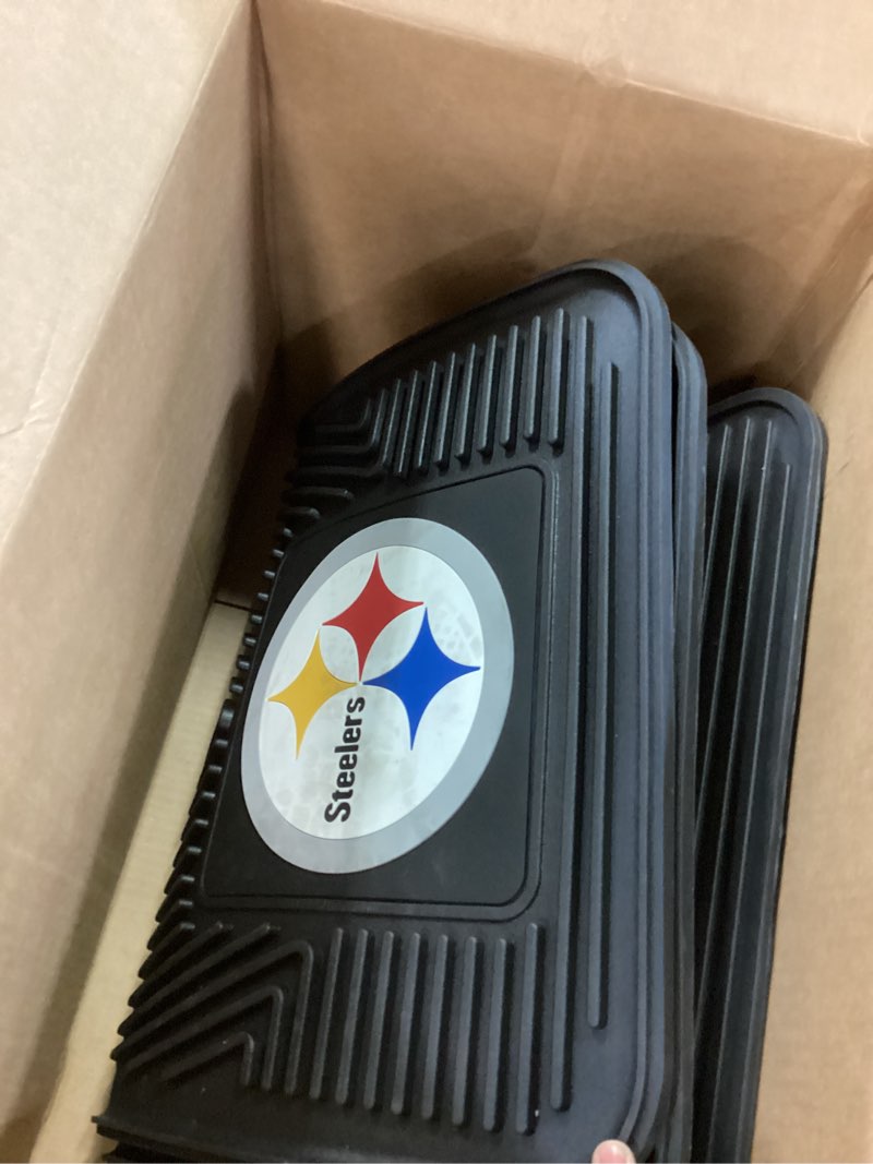 Condition photo showing As Is for Fanmats Pittsburgh Steelers Set of 4 Car Mats for Cars, SUV, Pickups - All Weather Technology Protection, Deep Reservoir Design, Universal Fit - 3D NFL Team Logo - 29”x17” Front - 14” x 17” Rear Mat