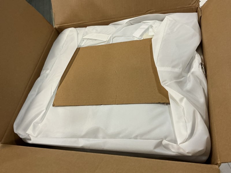 Condition photo showing New/Like New for indoor bounce house for toddlers 1-3, noiseless small bouncy house, pvc materials, mini bouncy castle for indoor outdoor use, 55in lx55in wx45in h, white bounce house with built-in blower, nice gift