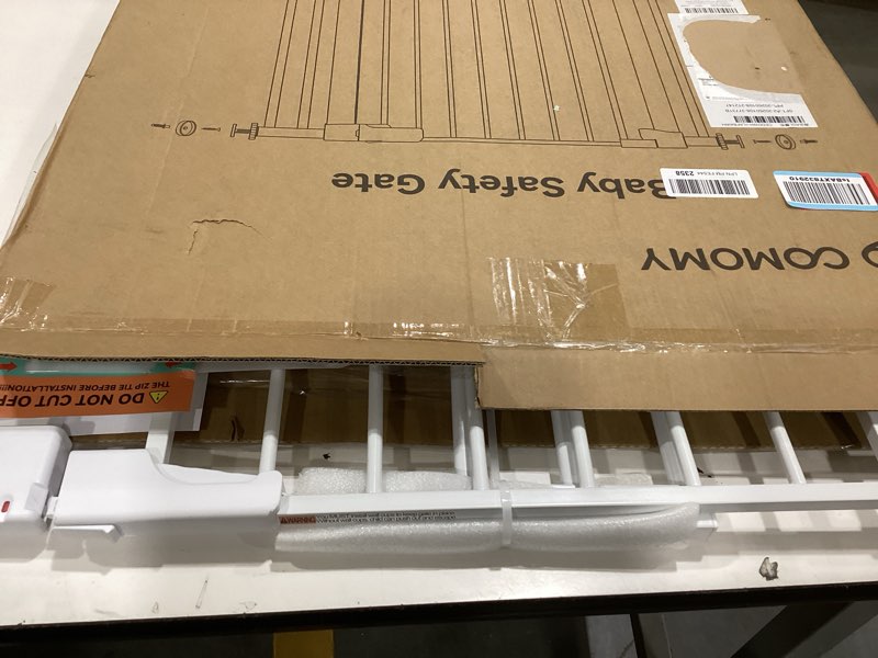 Condition photo showing As Is for comomy 36" extra tall baby gate for stairs doorways, fits openings 29.5" to 40.6" wide, auto close sturdy safety dog gate for house, pressure mounted easy walk through pet gate with door, white 36"tall 40.6"wide white