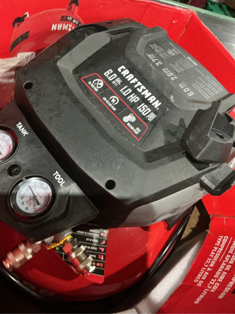 Condition photo showing As Is for craftsman 6-gallon portable electric 150 psi pancake air compressor