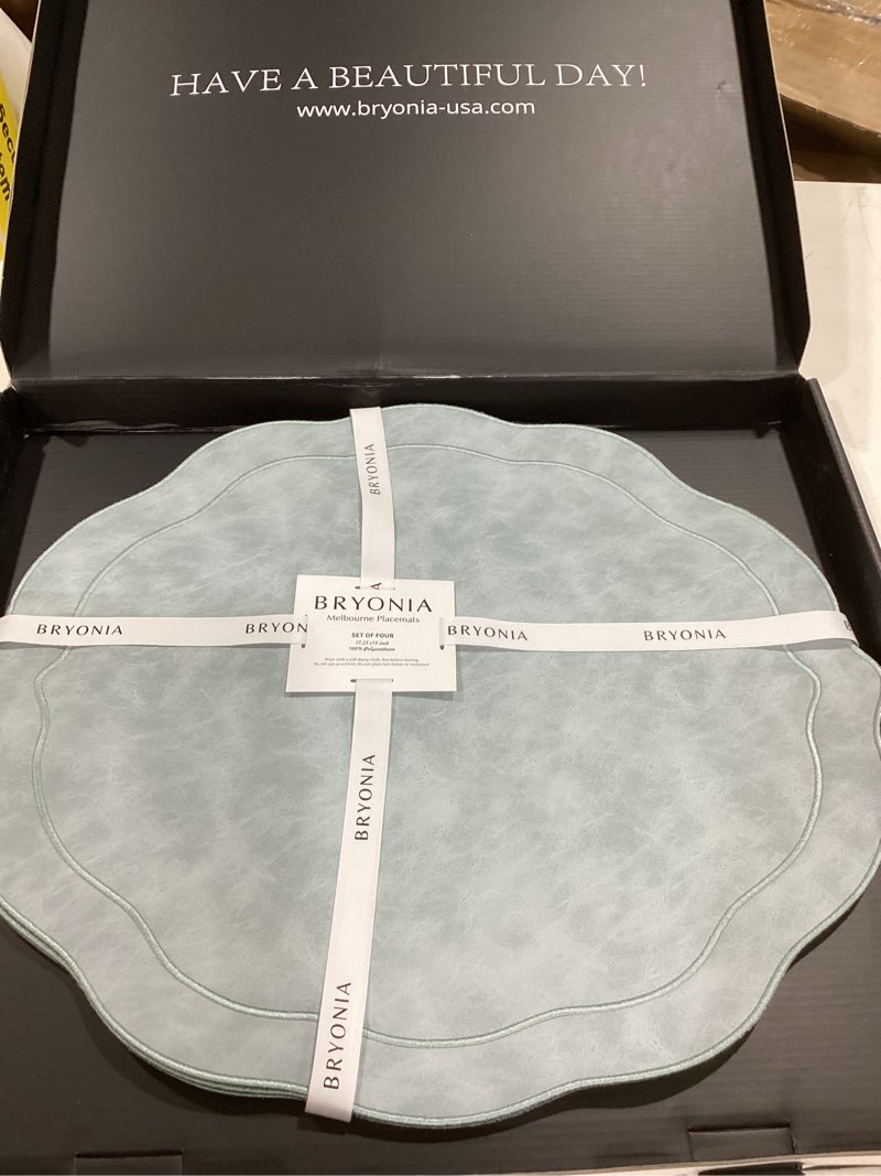 Condition photo showing Good Condition for embroidered scalloped faux leather placemats set of 4 - earth tone, soft, wipeable luxury dinner table mats for dining & wedding, gift for mom, 17.25" x 15", light blue gray