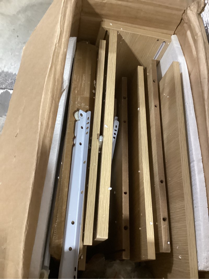 Condition photo showing As Is for 47'' W Large Vanity Desk with Mirror and Lights, 8 Storage Shelves 7 Drawers Vanity Table, Big Makeup Vanity Desk with 3 Lighting Modes, Vanity Dresser with Charging Station, Sliding Mirror (Natural)