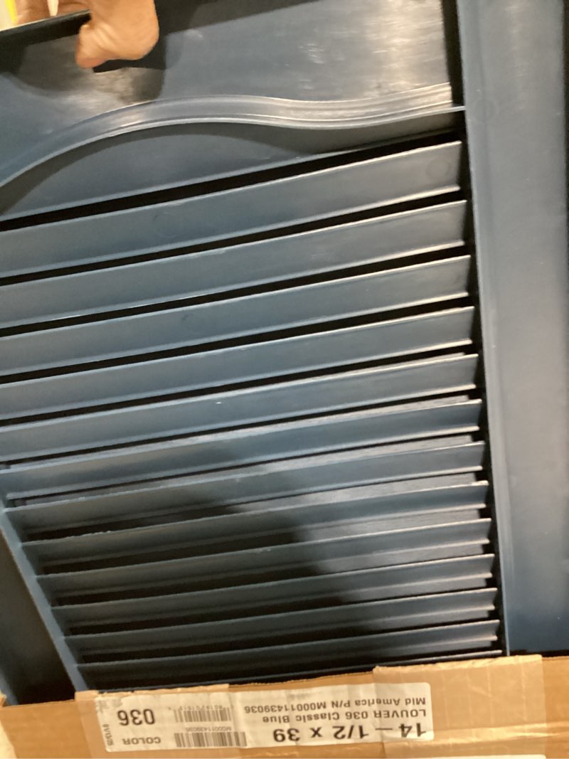 Condition photo showing Good Condition for builders edge 14.5 in. w x 39 in. h builders edge, standard cathedral top center mullion, open louver shutters, includes matching installation spikes (per pair), 036 - classic blue 14.5"w x 39"h 036 - classic blue