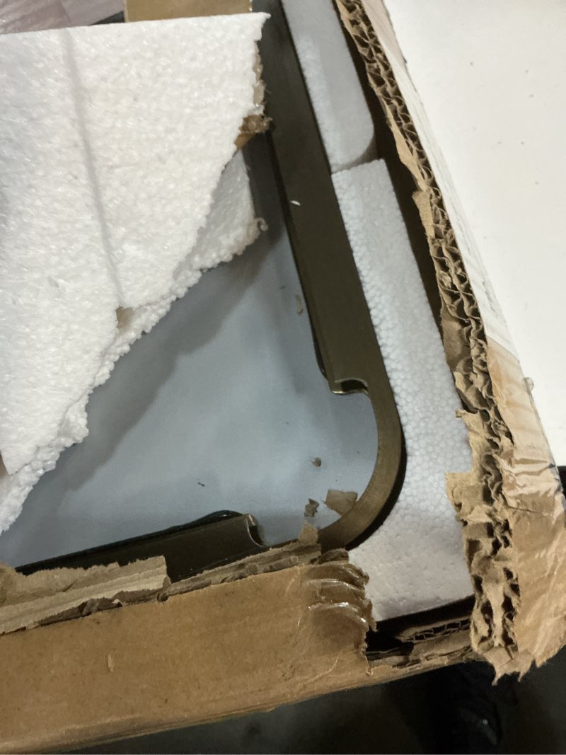 Condition photo showing Good Condition for 22x30 bronze bathroom wall mirror, brushed metal framed vanity mirror for wall, rounded rectangle mirror for modern farmhouse wall, anti-rust (horizontal/vertical) 30"l x 22"w bronze