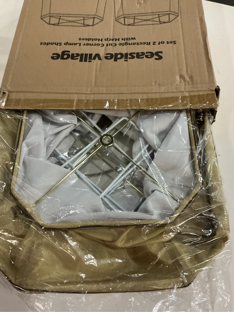 Condition photo showing New/Like New for rectangle cut corner lamp shades set of 2, 10.5" x 10"x 13" gold lamp shade | medium lampshades replacement with brown rim, 2 pack lamp harps included, fits e26 base and saddle base, easy assembly
