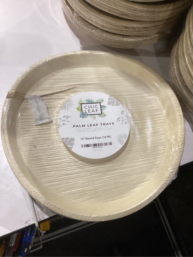 Condition photo showing New/Like New for chic leaf compostable palm leaf serving trays, 10x14 inch rectangular disposable platters for charcuterie, parties, and catering, heavy-duty microwave safe natural wood-look plates, 10 pack 10"x14" (pack of 10) 10