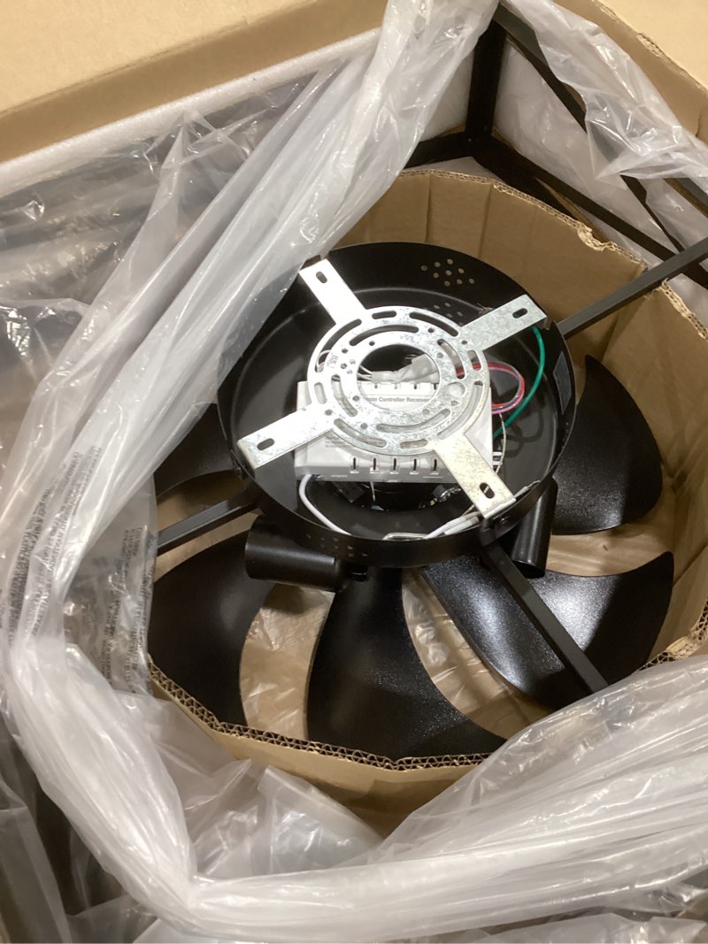 Condition photo showing New/Like New for LEDIARY 23” Caged Low Profile Ceiling Fans with Lights and Remote, Rustic Square Flush Mount Ceiling Fan, 6 Speed and Reversible, Small Farmhouse Bladeless Ceiling Fan for Bedroom, Kitchen,Dining Room Wood Grain 23 Inch