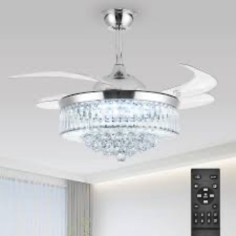 42\" Fandelier Ceiling Fans with Light, Silver Retractable Crystal Chandelier Fan, Reversible, Remote Control, Dimmable Ceiling Light Kits for Dining Living Room, Bedroom 