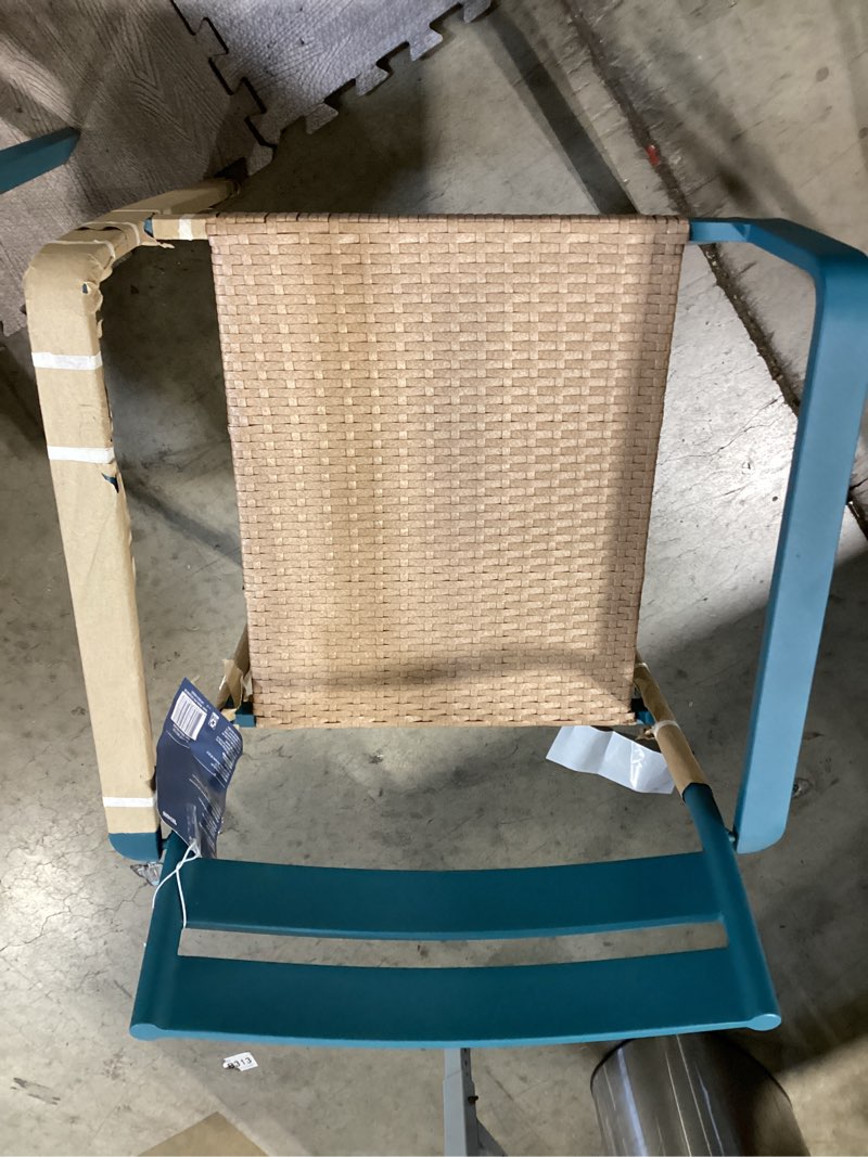 Condition photo showing Good Condition for style selections darcy wicker stackable teal steel frame stationary dining chair with woven seat
