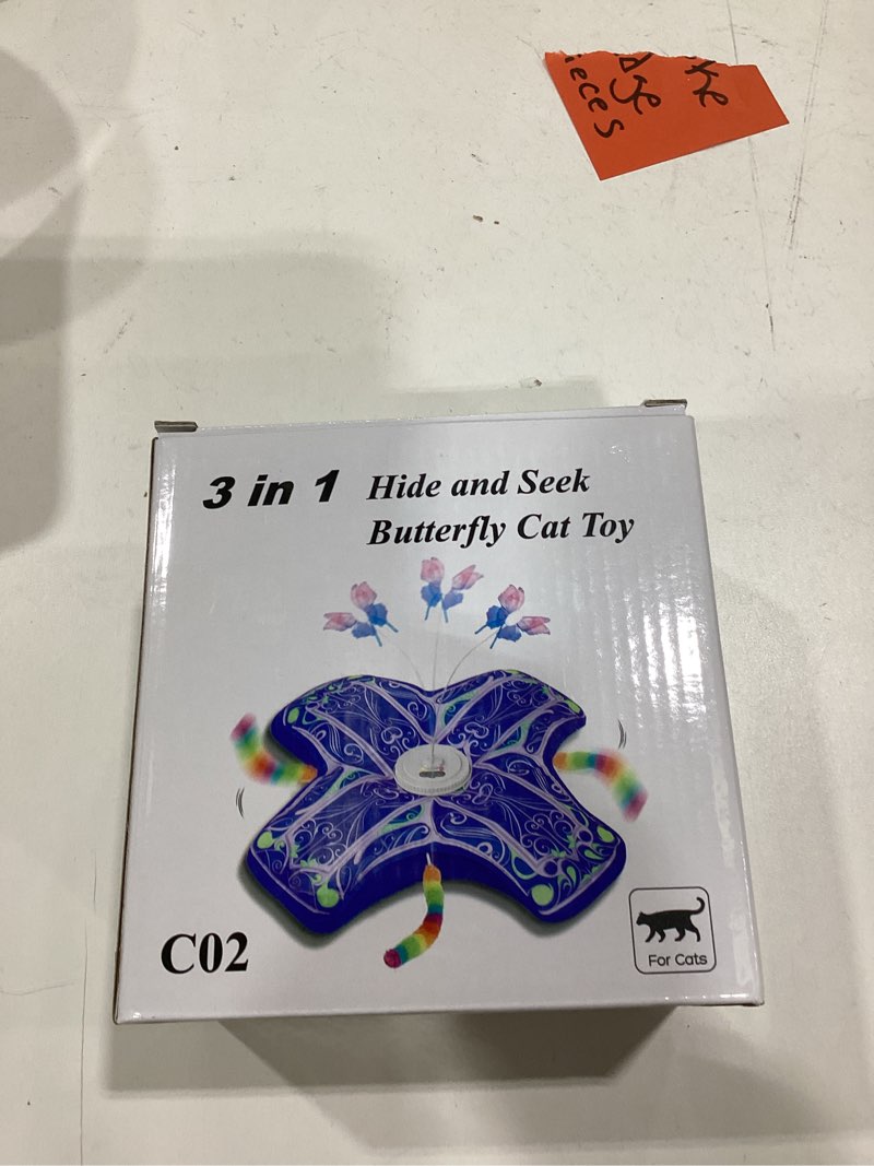 Condition photo showing As Is for interactive cat toys for indoor cats,[newly upgraded] rechargeable touch activated hide and seek kitten toy with fluttering (blue)
