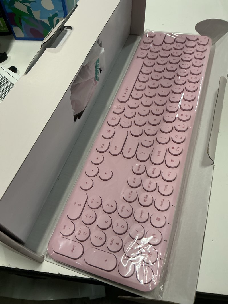 Condition photo showing New/Like New for x ubotie wireless keyboard and mouse combo with 110 round keycaps, power switch, and scissor-switch typing feel – ideal for office use(pink)