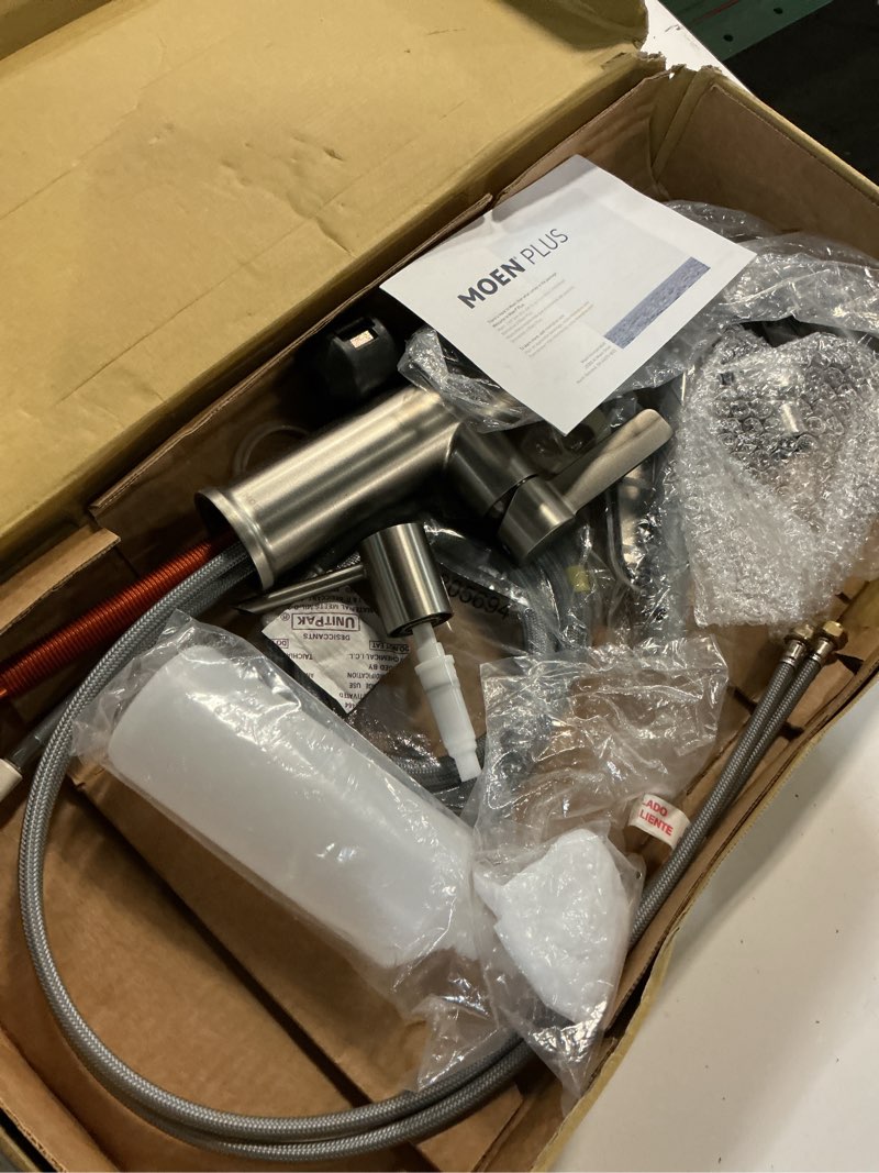 Condition photo showing As Is for moen align spot resist stainless one-handle modern kitchen pulldown faucet with retractable reflex docking system and power boost spray technology for a faster clean, 7565srs spot resist stainless standard