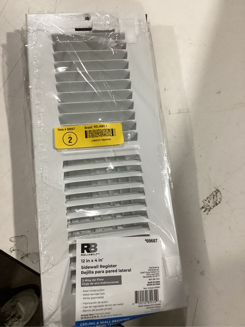 Condition photo showing As Is for RELIABILT 12-in x 4-in 2-way Steel White Sidewall/Ceiling Register Item #69687 | Model #5121204WH