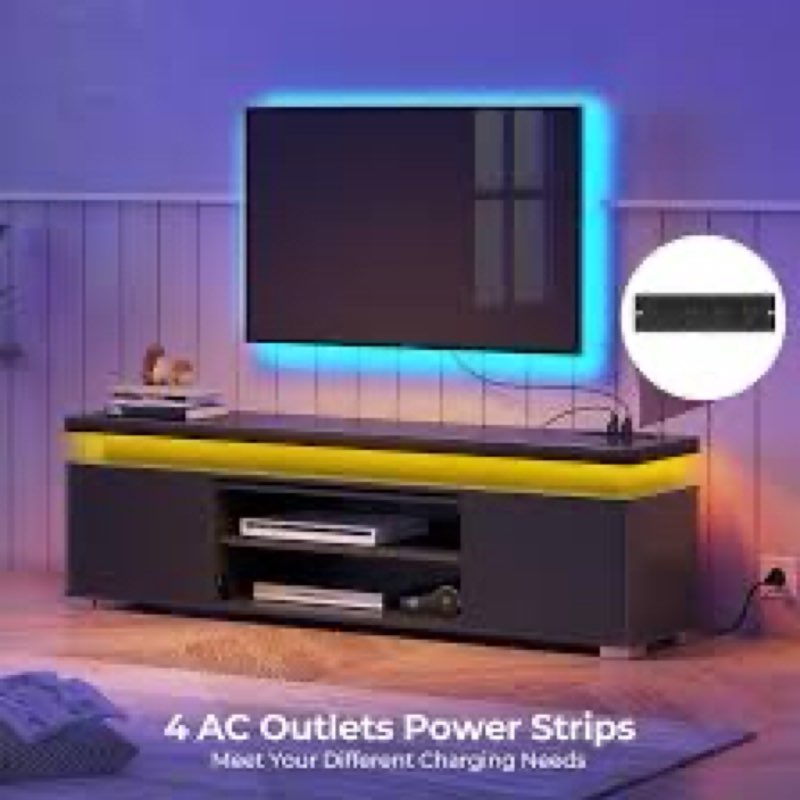tv stand for tvs up to 65", entertainment center with storage, rgb led lights and 4 ac outlets color: black