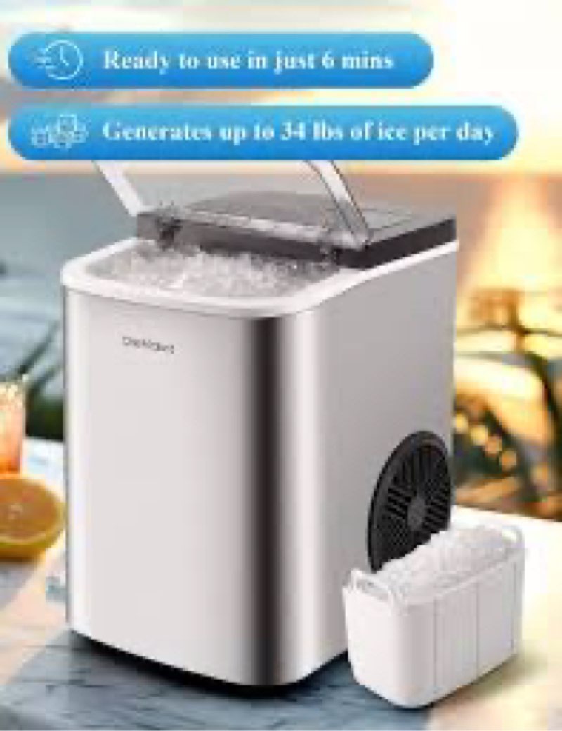 ChefRobot Ice Machine,Stainless Steels Chewable Ice Maker Ready in 6 mins,34Lbs/24H Nugget Ice Maker