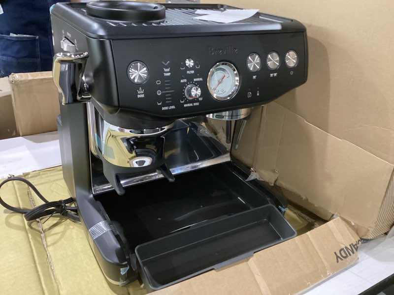 Condition photo showing As Is for incomplete water tank and accessories breville barista express impress espresso machine bes876btr, black truffle