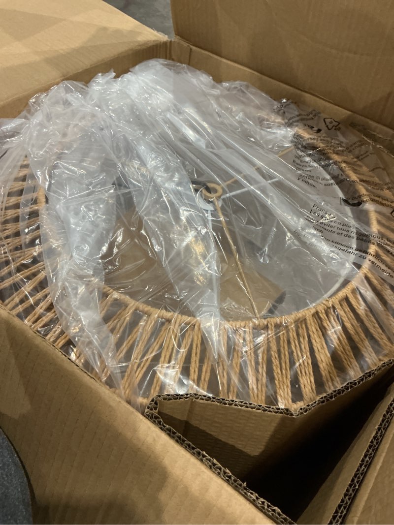 Condition photo showing New/Like New for farmhouse chandelier light fixture, 5-light rattan boho chandeliers for dining room, hand woven pendant light with linen shade, rustic hanging lighting for kitchen island, bedroom (bulb not included) bohemian