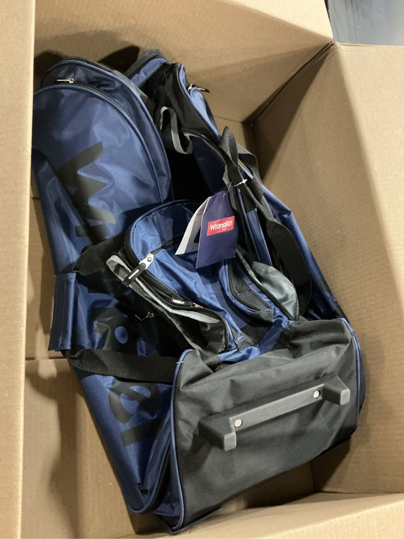 Condition photo showing New/Like New for wrangler wesley rolling duffel bag navy blue