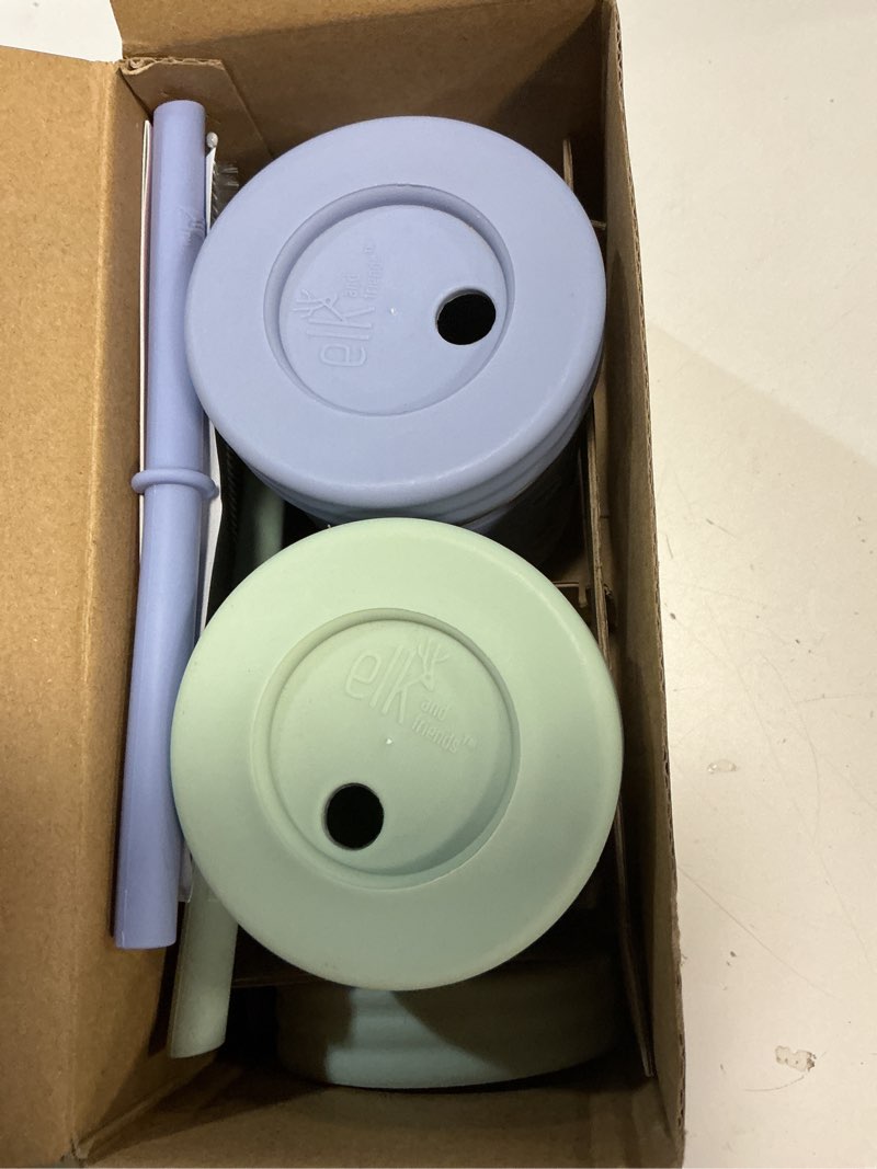 Condition photo showing Good Condition for Elk and Friends 10oz Stainless Steel Kids + Toddler Drinking Cups | The Original Mason Jar with Sleeves + Lids | Silicone Straws | Smoothies | Storage Jar | Spill Resistant | Dishwasher Safe | 2 Pack Sage/Misty Blue 10oz