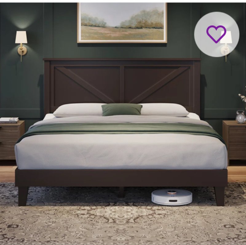 multi-sized wooden bed frame with headboard, no box spring needed