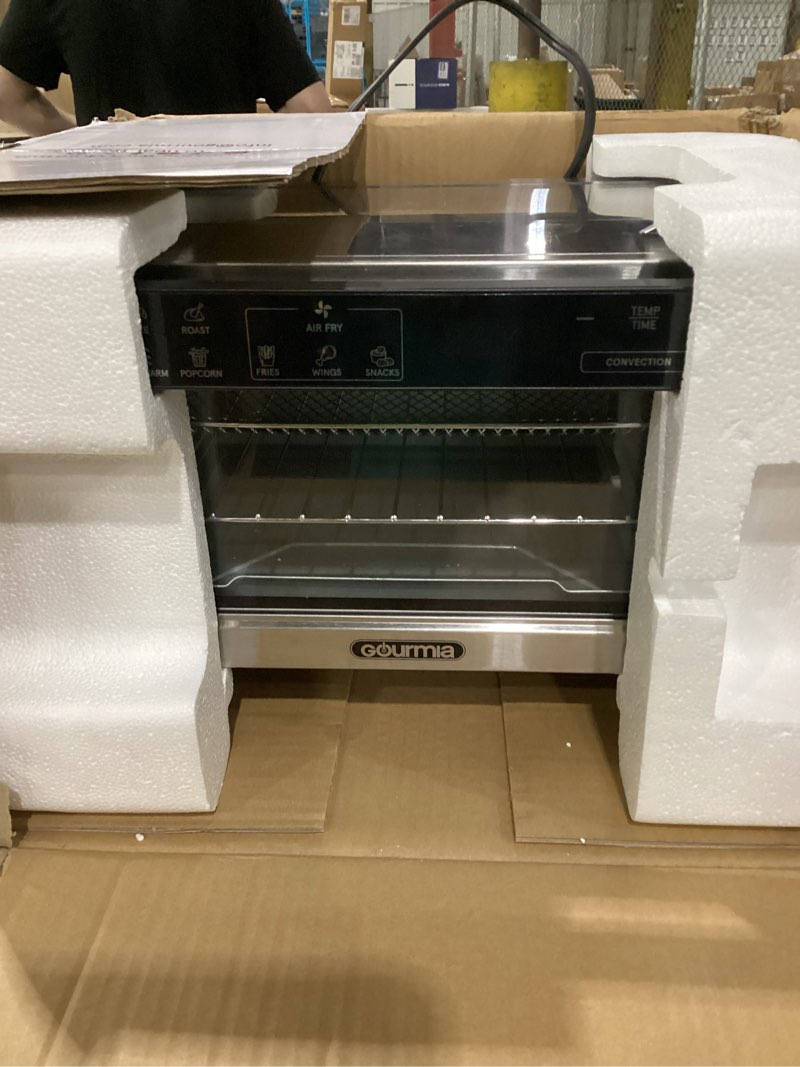 Condition photo showing As Is for not tested gourmia toaster oven digital air fryer - convection mode with 4 slice capacity, 3 rack positions, 12 presets, toast, bagel, bake, roast, broil, dehydrate, popcorn, fits 9\" pizza, stainless steel