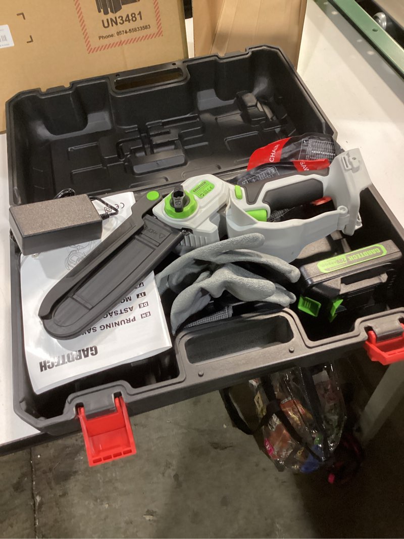 Condition photo showing New/Like New for GARDTECH Mini Chainsaw Cordless 6 Inch - Portable Electric Chainsaw Cordless Battery Powered, Handheld Small Chain Saw with 2-side Security Lock [Southpaws Friendly] for Wood Cutting, Pruning Branches two batteries - 6 inch new