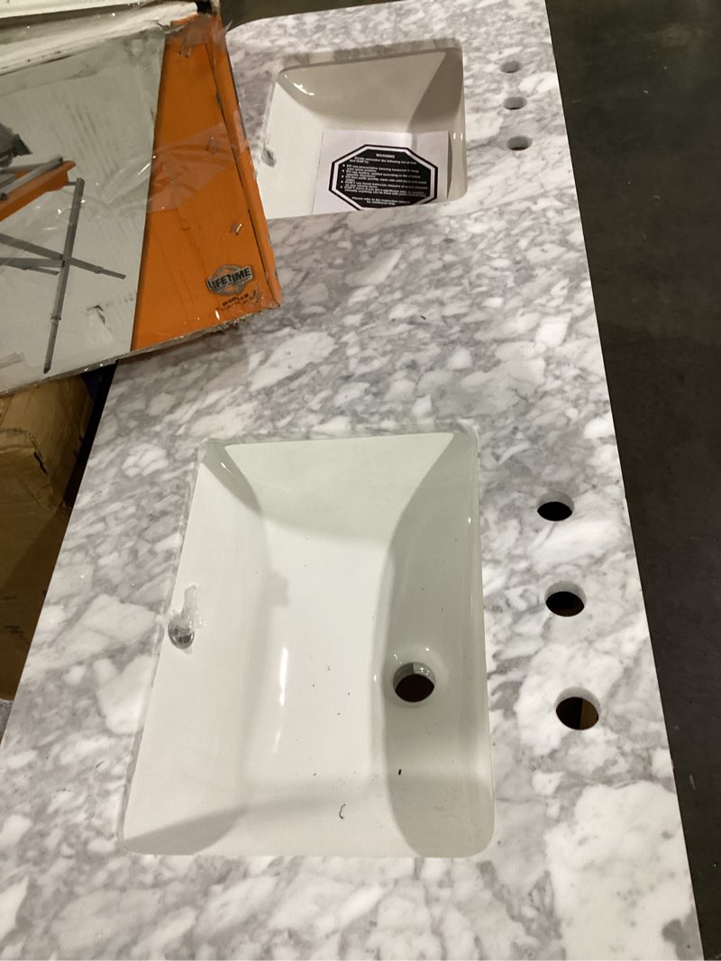 Condition photo showing Good Condition for collette 60 in. double sink freestanding bathroom vanity in cinnamon oak with white carrara marble top (assembled)