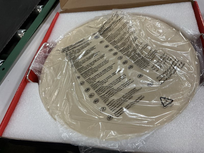 Condition photo showing New/Like New for KitchenStar 16-inch Pizza Stone for Oven and BBQ Grill with Handles, Round, 5/8" Thick - Natural Cordierite, 1800 °F Resistant, Baking Stone Set with Stainless Steel Rack & Plastic Scraper Tool 16 inch