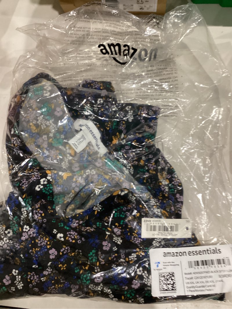Condition photo showing New/Like New for Amazon Essentials Women's Short Sleeve V-Neck Gathered Fit and Flare Dress XX-Large Black Ditsy Floral