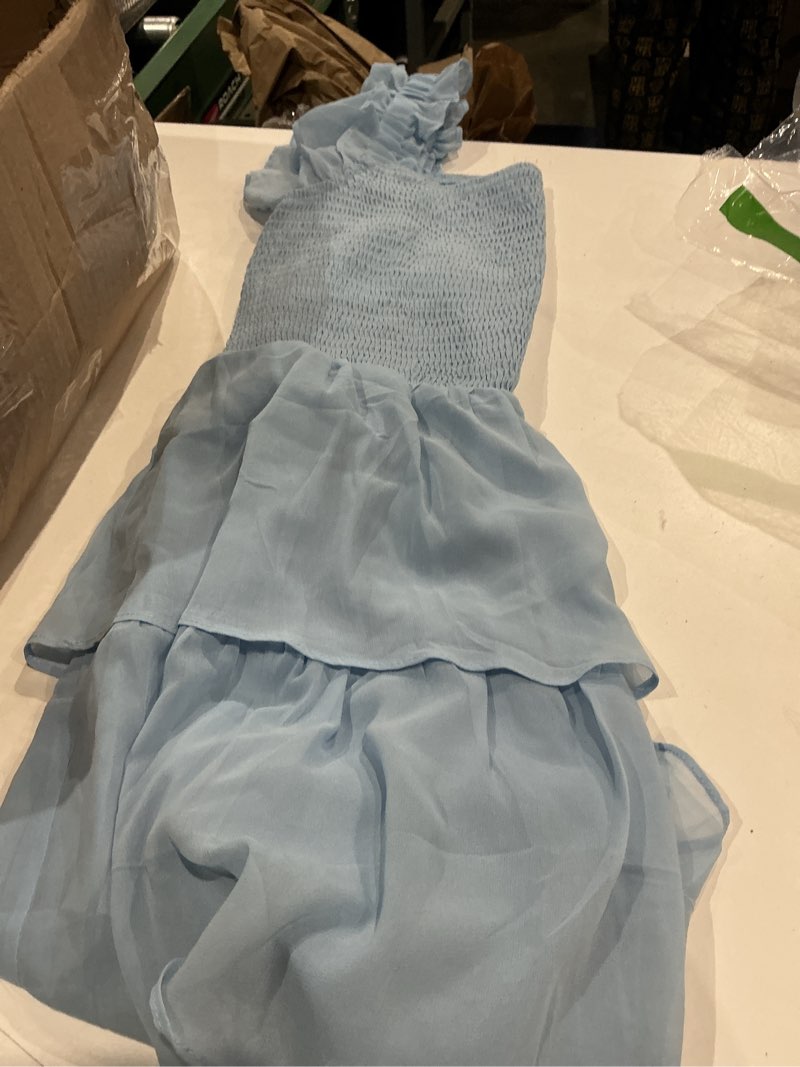 Condition photo showing Good Condition for byinns womens square neck sleeveless ruffle dress high waist backless tiered smocked strappy casual short mini dresses 2026 light blue x-large