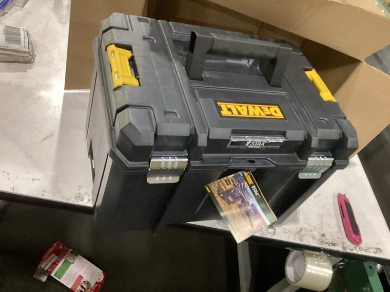 Condition photo showing As Is for dewalt tstak tool box, extra large design, removable tray for easy access to tools, water and debris resistant (dwst17806)