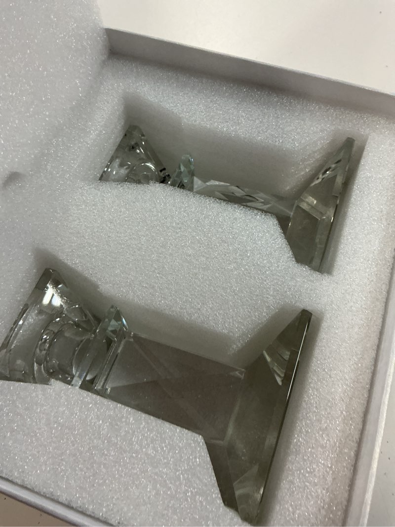 Condition photo showing New/Like New for crystal candle holders pack of 2, clear crystal taper candlesticks holders, table centerpiece home decor for wedding, dining, party(4.9in tall)