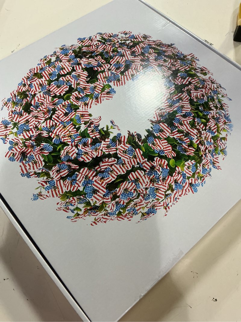 Condition photo showing New/Like New for memorial day 20inch patriotic wreath, 4th of july & 250th anniversary flag decoration, patriotic front door decor all-weather greenery for porch & wall flag day veterans day