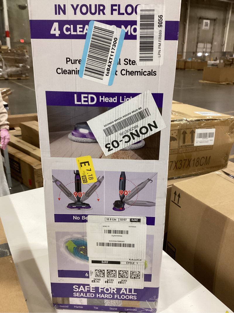 Condition photo showing As Is for Scrub and Steam Mop with LED Headlights, All-in-One Hard Floor Cleaner Rotating Mop, 6 Cleaning Pads, Swivel Steering, Cable Holder & XL Water Tank Purpe